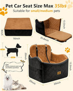 Dog Car Seat for Small/Medium Dogs Up to 35lbs, 2-in-1 Pet Car Seat with Memory Foam, Detachable Washable Dog Bed for Cars, Pet Booster Carseat with Storage Pockets Fits Front/Back Seats (Black/Brown)