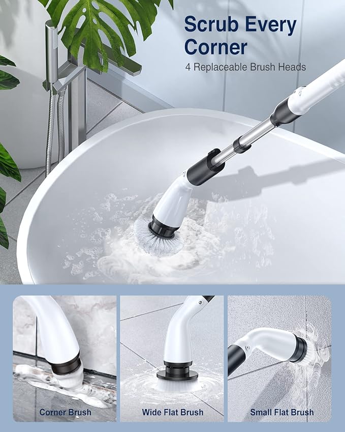 LABIGO Electric Spin Scrubber, Cordless Cleaning Brush Scrubber with 7 Replaceable Brush Heads and Adjustable Extension Handle, IPX7 Waterproof Power Cleaning Brush for Bathroom Tub Floor Tile Shower
