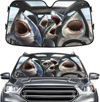 GENANY Shark Family Windshield Sun Shade for Car SUV Truck (55x30 Inches), Great White Shark Sun Shade Windshield, Shades for Front Windows, Halloween Auto Gift, Christmas Car Decor