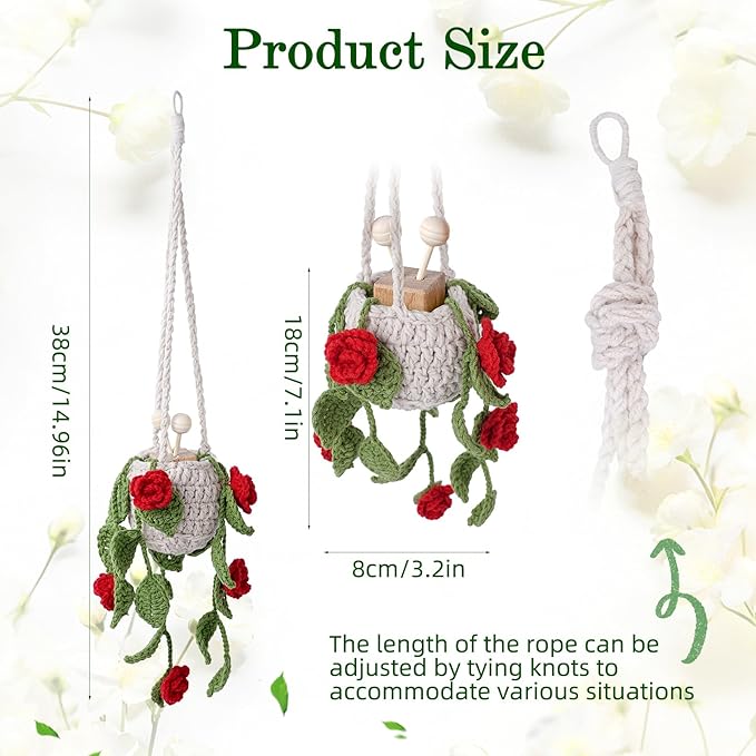 Crochet Car Air Freshener, 8ml Empty Refillable Oil Diffuser Bottle with Hanging Crochet Red Rose Plant & Hanging Tools, Car Rearview Mirror Diffuser for Wall Art & Home & Office Decoration