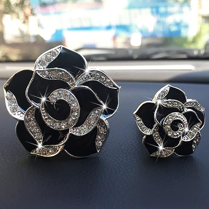 2 Pcs Camellia Air Vent Clips, Cute Flower Car Air Freshener Clip, Bling SUV Outlet Decorations, Crystal Rose Vent Diffuser, Charm Car Inter Decor Accessories for Women Girls