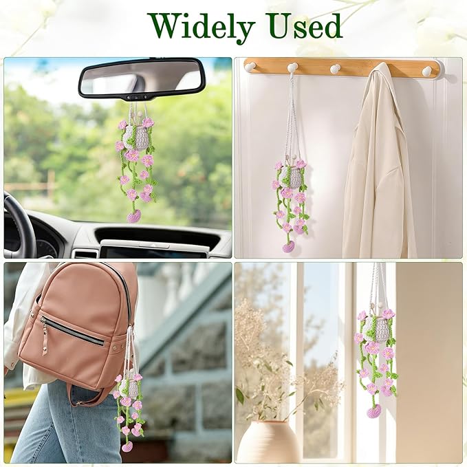 Crochet Car Air Freshener, 8ml Empty Refillable Oil Diffuser Bottle with Hanging Crochet Lightpink Daisies Plant & Hanging Tools, Car Rearview Mirror Diffuser for Wall Art & Home & Office Decoration