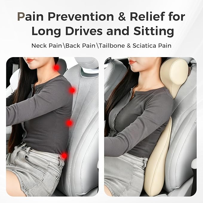 Coverado Lumbar Support Pillow for Car, Ergonomic Memory Foam Back Pillow for Office Chair, Back Cushion for Back Pain Relief, PU Leather Car Lumbar Support for Driving Seat - Beige