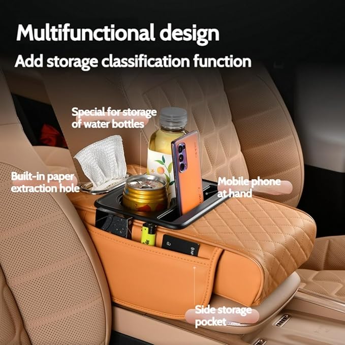 Center Console Cover Booster Multifunctional Center Console Cushion Pad with Cup Holder & Tissue Box & Side Pockets Arm Rest Cover for Car, Embossed, Black-red