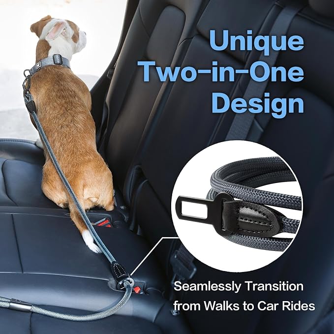 PawsPassion Rope Dog Leash 6 FT, 2-in-1 Heavy Duty Dog Leash with Seat Belt Buckle, Tangle Free 360ｰ Swivel Aviation Aluminum Carabiner, All Metal Hardware, Alloy O-Ring (Nightfall)