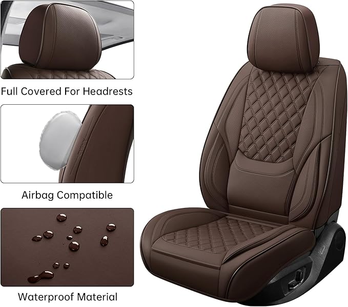 Car Seat Covers Full Set Brown,Luxury Faux Leather Car Seat Covers Waterproof Non-Slip Seat Protector Universal Fit for Most Cars SUVs Trucks Pick-ups, Car Accessories Interior(Brown-Full Set)