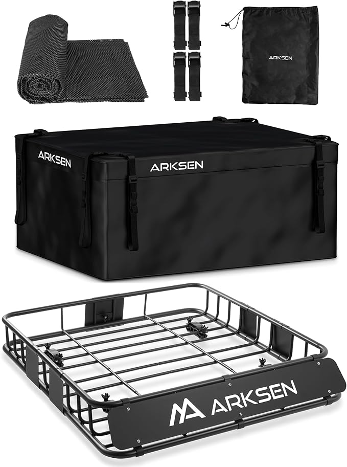 ARKSEN 43" x 39" x 6" Roof Rack Basket with Extension & Waterproof Cargo Bag, 150 lb Heavy-Duty Steel Cargo Carrier, Fits Crossbars up to 1.38" Thick, for SUV & Pickup Truck