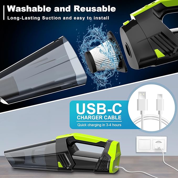 Cordless Car Vacuum Lightweight High Power Handheld Vacuum Cleaner with LED Light, Hand Vacuum for Car Home Office and Pet Hair, Blackgreen