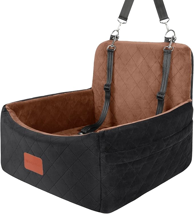 Dog Car Seat for Small Dogs Under 30lbs,Ultra Soft Fabric & Memory Foam Pet Travel Car Bed,Washable & Detachable,Anti-Slip Bottom,2 Storage Pockets and Safety Tethers(Black/Brown)