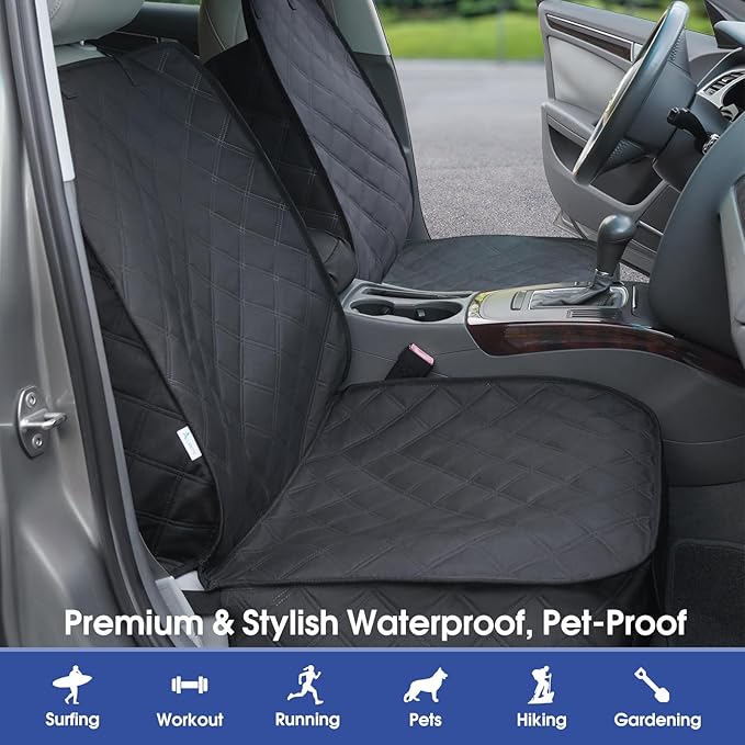 Heavy Duty Dog Front Seat Cover with Side Flaps - 900D Waterproof Car Seat Cover, Protects from Dirt, Fur & Scratches, Fits Captain Seats, Cars SUV Trucks Minivans(2-Pack)