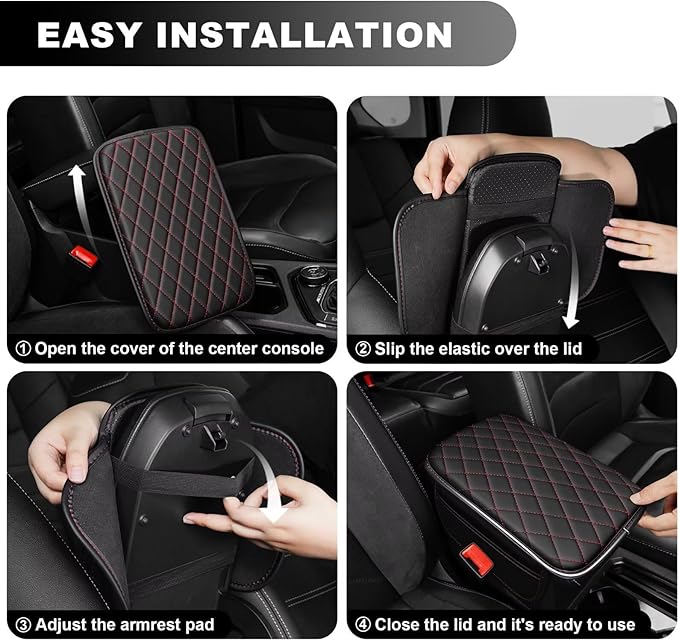 Upgraded Car Center Console Cover Fit for Avalon Faux Leather Car Armrest Cover Cushion with 2 Storage Bags,Car Armrest Storage Box Interior Accessories(Black&Redline)