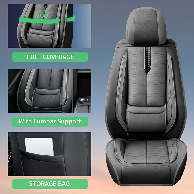 Fit Camry Car Seat Covers for Toyota Camry 2012-2024 2025 2026 -Upgraded Premium Waterproof & Breathable Leather,Airbag Compatible,All-Weather Seat Cushion Protector,Full Set,Black-Grey