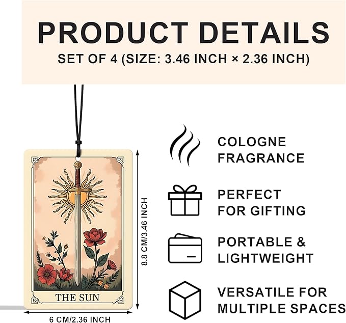 Witchy Gothic Car Air Freshener 4 Pcs, Vintage Boho the Sun Moon Star Reader Tarot Card Hanging Air Freshener for Closet Drawer Books, Goth Skull Skeleton Car Accessories Mirror Decor for Women