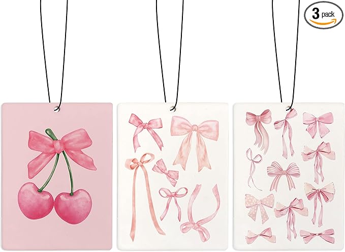 Coquette Pink Bow Cherry Air Freshener for Car, Cute Pink Girly Air Freshener Hanging 3 Pcs for Cars Closet Drawer or Books, Cute Girly Preppy Car Mirror Decor for Women