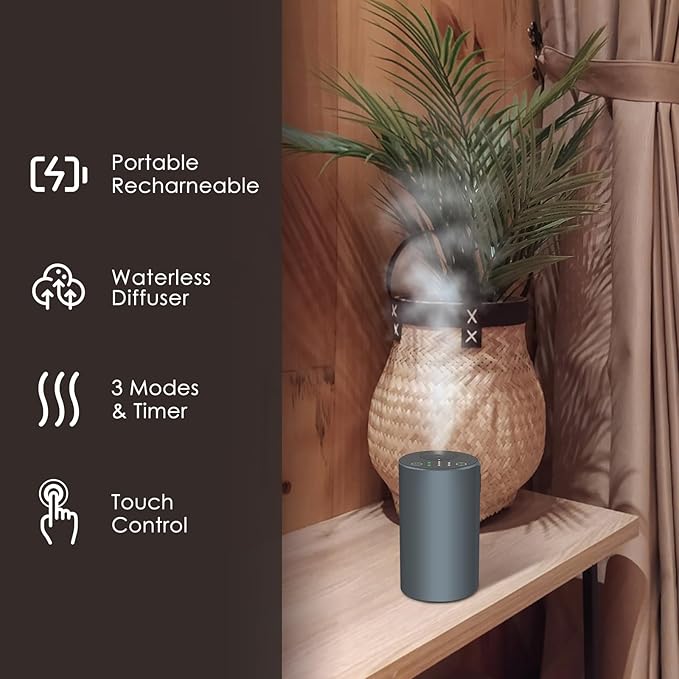 Waterless Essential Oil Diffuser, 7 Colors LED Light, Battery Powered Mini Scent Air Machine, Aromatherapy Mist Diffuser for Home Room Car Office (Grey)