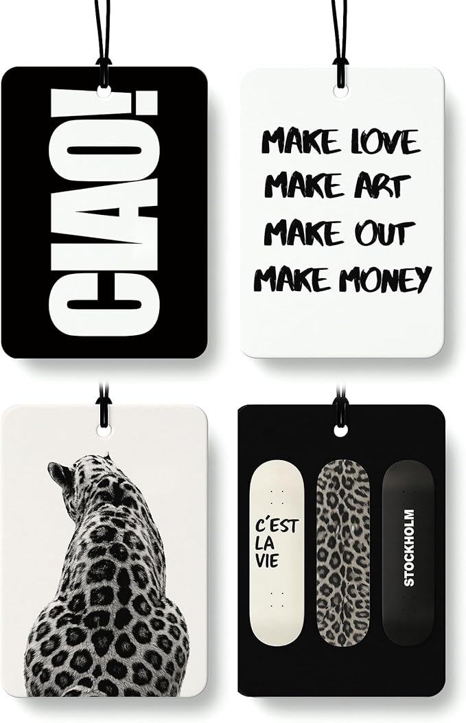 Trendy Black and White Car Air Freshener 4 Pcs Coconut Scented, Funky Y2k Leopard Car Accessories Mirror Decor for Women, Preppy Girly Hanging Air Freshener for Cars Closet Drawer Books