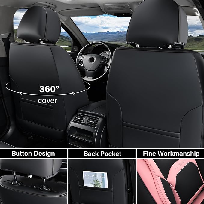 Coverado Seat Covers, Car Seat Covers Front Seats, Nappa Leather Seat Covers for Cars, Waterproof Car Seat Protector with Lumbar Support, Front Seat Covers Universal Fit for Most Cars (Black&Pink)
