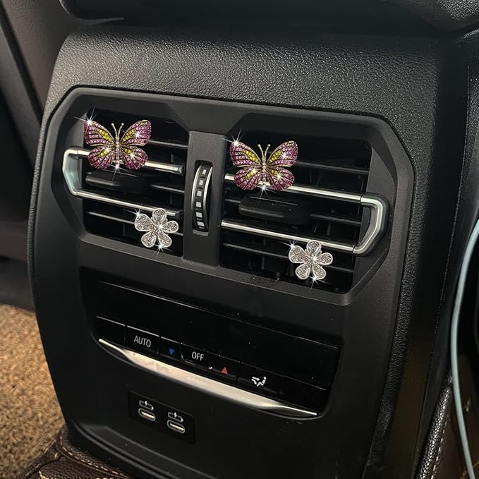 Bling Butterfly Air Vent Clips, 4 Pcs Crystal Daisy Car Air Fresheners, Rhinestone Diamond Flower Car Decoration