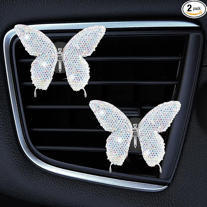 Dotesy 2Packs Bling Bling Butterfly Air Vent Clips Crystal Butterfly Car Air Fresheners Vent Clips Diamond Cute Car Interior Decor for Women (AB Colorful)