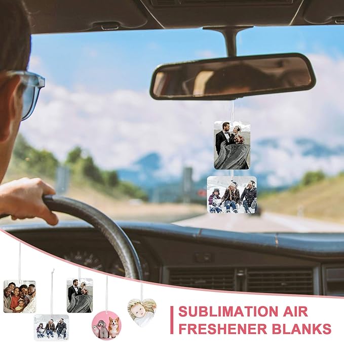 Zonon 120 Pieces Sublimation Air Freshener Blanks DIY Air Freshener Sheets Blank Car Pressed Felt Polyester Laser Cut Blanks for Car Travel Heat Press Ornaments with Elastic Cord, 5 Styles