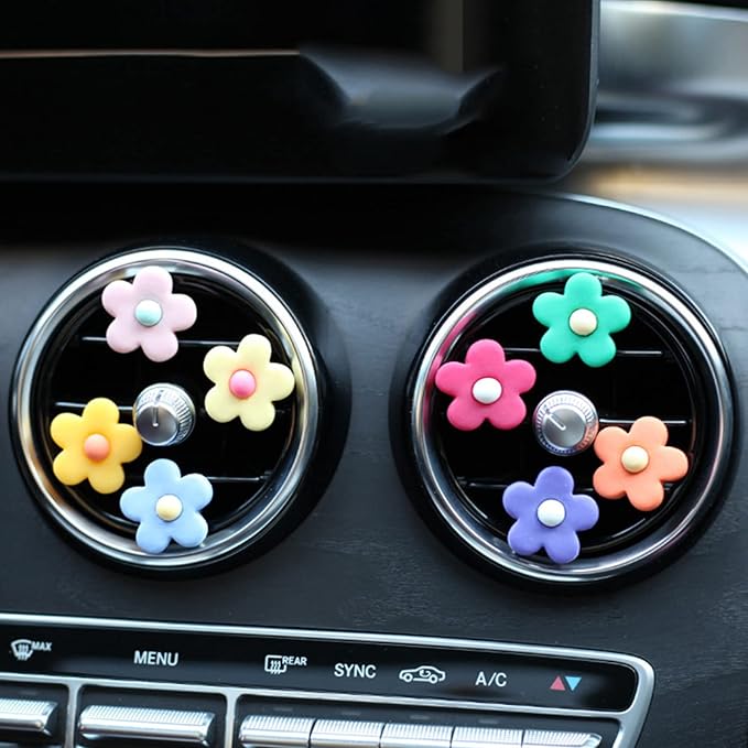 6 Pieces Daisy Flower Air Vent Clips, Cute Colorful Car Air Freshener Clip & Diffuser, Boho SUV Outlet Vent Decorations, Charm Car Inter Decor Accessories for Girls Women