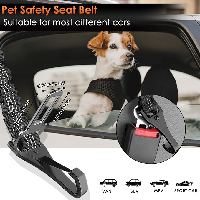 SlowTon Dog Seat Belt for Car, Adjustable 3 in 1 Dog Seatbelt with Elastic Bungee Buffer, Nylon Heavy Duty Dog Car Harness Reflective Safety Tether Leash with Latch Hook Clip Black