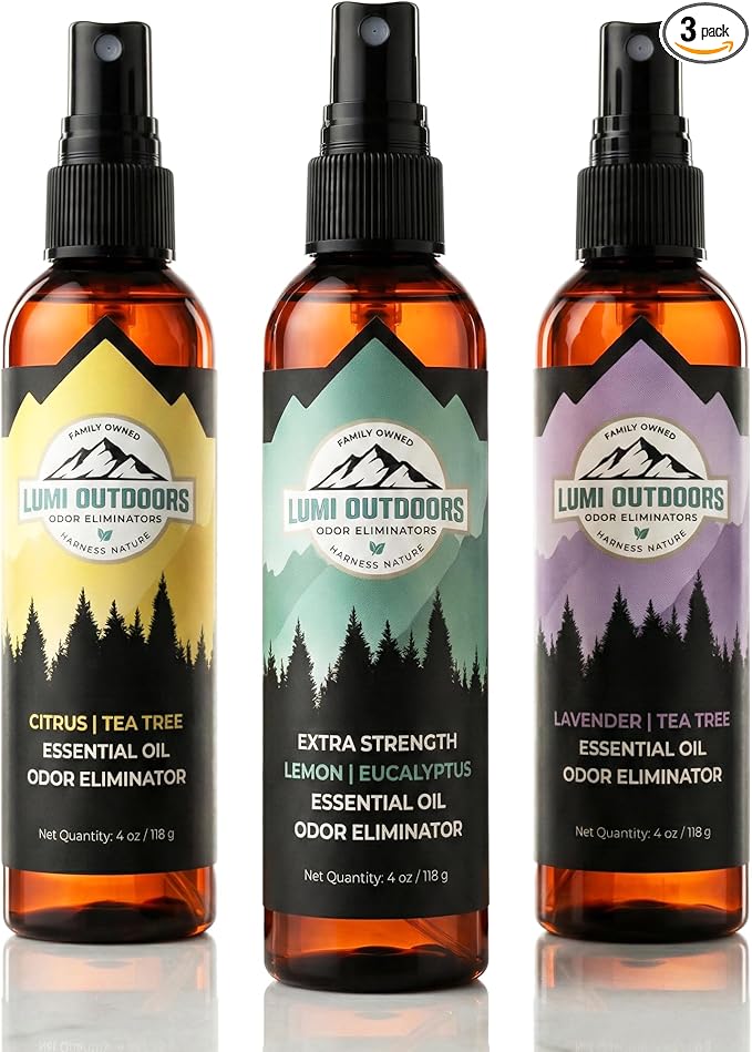 Lumi Outdoors Natural Shoe Deodorizer Spray 3 Pack Bundle - Lemon Eucalyptus, Citrus Tea Tree, Lavender Tea Tree
