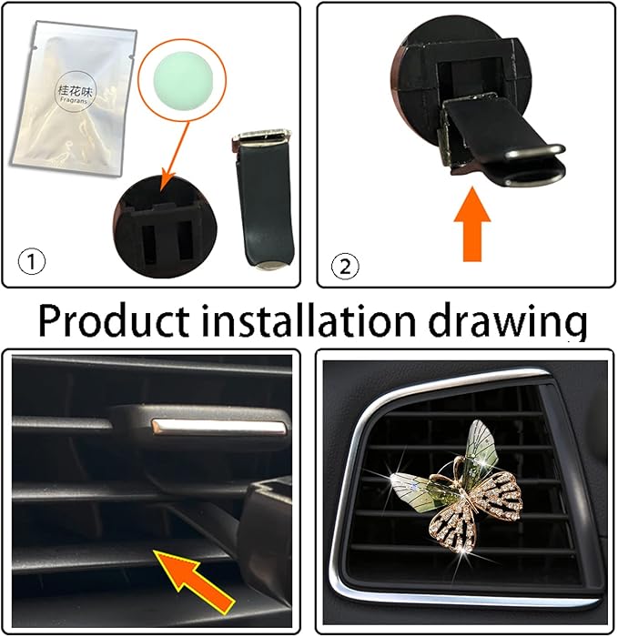 Bling Butterfly Car Vent Clips Rhinestone Decor - Cute Air Freshener & Aromatherapy Accessories for Women, Girls Dashboard Interior Decoration Set (green)