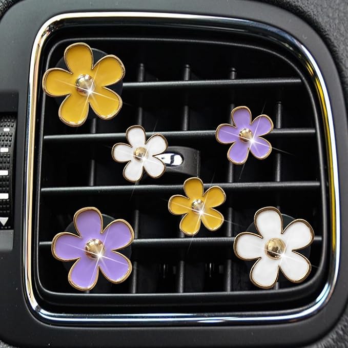 Daisy Air Vent Clips - 6 Pc Cute Flower Car AC Outlet Clip Car Freshener Clip Charm for Girls Women (Yellow, Purple, White)