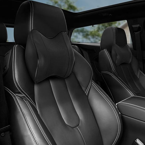 2 Pack Car Neck Pillow, Softness Leather Car Headrest Pillow, 100% Memory Foam and Breathable Removable Cover, Neck Support Head Pillow for Ergonomic Design (Black)