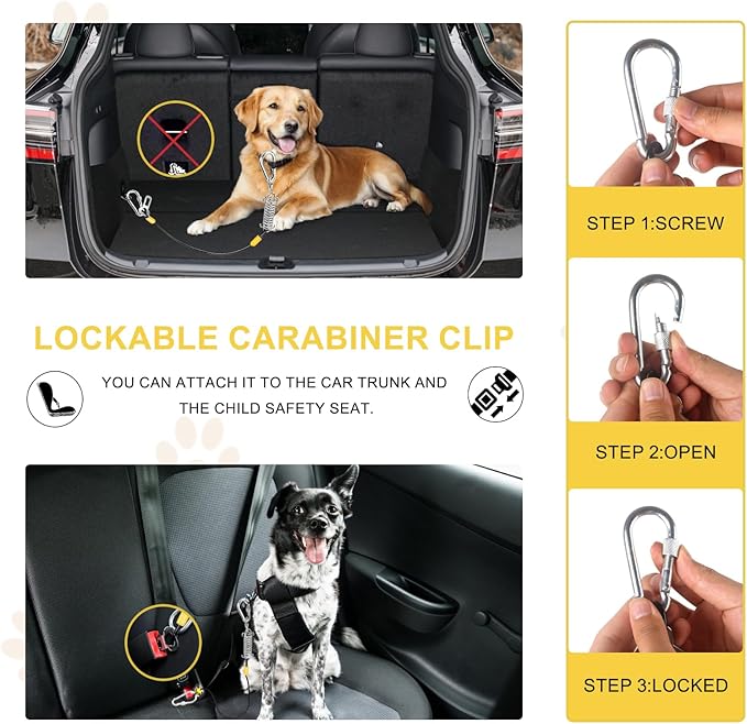 Dog Seat Belt Harness for Car, 5-in-1 Coated Wire Dog Seatbelt, HYLIYAKI Shock Spring-Loaded No Chew Pet Dog Car Seatbelt Leash, with Removable Reflective Short Leash(Black, 24 inch/60 CM)