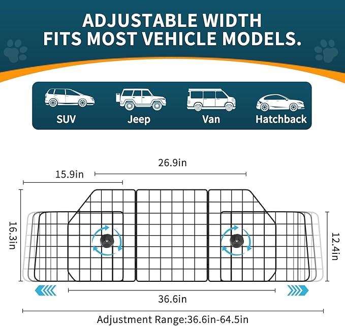 ERYTLLY Dog Car Barrier for SUVs, Vehicles, Dividers, Adjustable Heavy-Duty Wire Pet Gate, Foldable Car Pet Barrier with Mesh Bag, Car Accessories Safety Travel, for Cargo Area 36.6" to 64.5" Width
