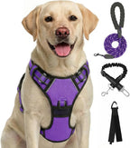 FURRYFECTION Plaid Dog Harness for Medium Dogs, Reflective No Pull Adjustable Pet Vest with Front Clip, Leash, Easy Control Handle and Seat Belt, Purple, M