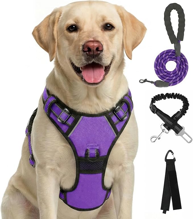 FURRYFECTION Plaid Dog Harness for Large Dogs, Reflective No Pull Adjustable Pet Vest with Front Clip, Leash, Easy Control Handle and Seat Belt, Purple, XL
