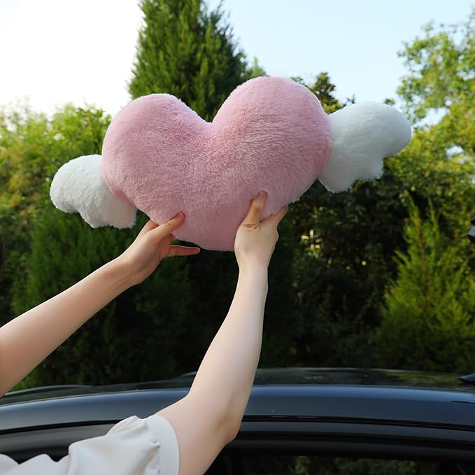 2 Pack Heart Shaped Cute Car Headrest Pillow with Angel Wings - Comfortable Soft Head Rest Cushion Kawaii Car Accessories Neck Pillow for Driving Travelling Office Home Decor - Rose Red Love Heart