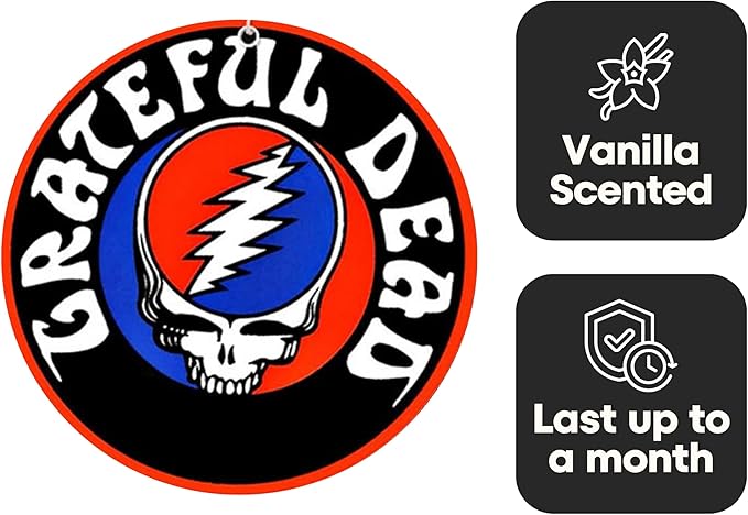 Rocksax Grateful Dead Steal Your Face Hanging Air Freshener – Long-Lasting Vanilla Car Air Freshener for Home & Office – Double-Sided Print Rock Band Memorabilia Car Fresheners