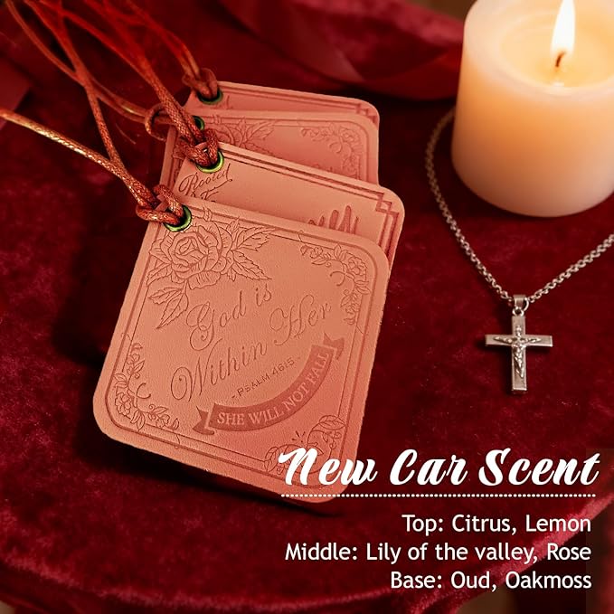 Leather Rearview Mirror Accessories Bible Verse She will not Fall Religious Gifts for Women New Car Smell Leather Car Air Freshener Hanging Bag Charms for Handbags
