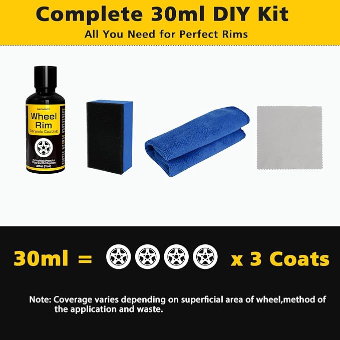 NADAMOO Wheel Rim Ceramic Coating Kit 30ml, High-Heat Resistant Hydrophobic Protection, Gloss Finish, Self-Cleaning, Repels Brake Dust & Dirt, Ceramic Protection for Alloy Rims