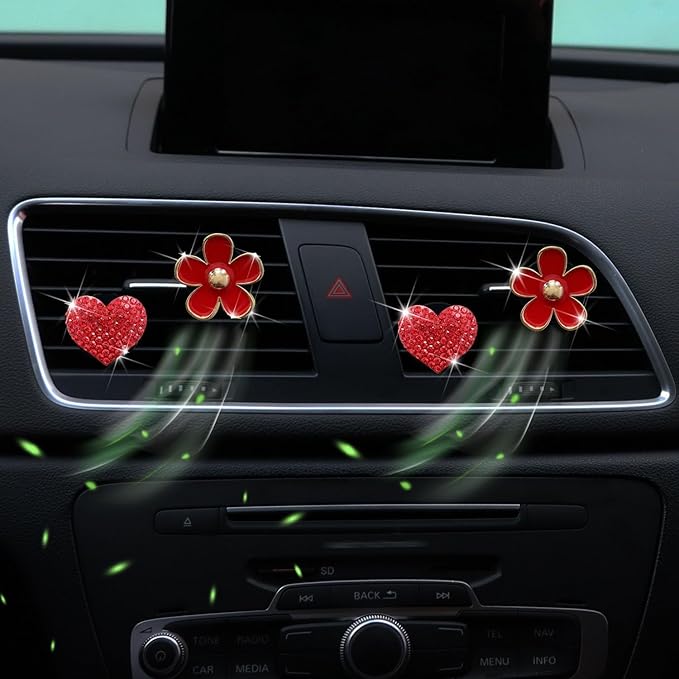 4PCS Car Air Vent Clips with Fragrance Pads, Cute Flower Car Air Fresheners Vents Clips Diamond Vent Clip Auto Interior Decor Charm Bling Auto Accessories Decoration for Women (Red)