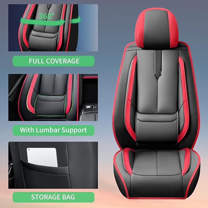 Fit Elantra Car Seat Covers for Hyundai Elantra 2017-2024 2025 2026 -Upgraded Premium Waterproof & Breathable Leather,Airbag Compatible,All-Weather Seat Cushion Protector,2 Front/Black-Red