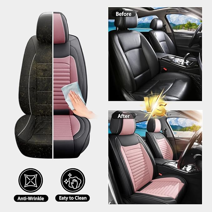 Car Seat Covers Full Set Fit for Toyota Matrix 2003-2014, Premium Faux Leather Car Seat Protector,Breathable Anti-Slip Full Wrapping Edge Seat Covers(Black&Pink,Full Set)