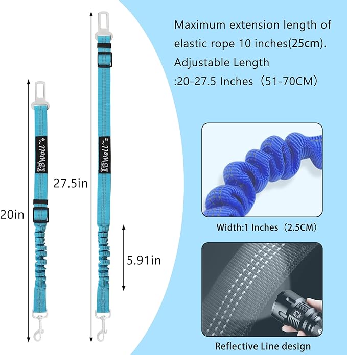 IBWell Dog Seat Belt for Car with Elastic Bungee Leash, Car Leash Car Seat Belt for Dogs (Light Blue, 1PCS-27.6")