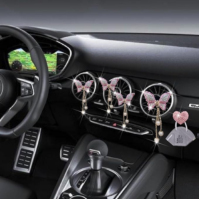 Pink Butterfly Air Vent Clips, 4 Pcs Bling Butterfly Air Fresheners Vents Clips Diamond Car Interior Decor Bling Cute Car Accessories Decoration for Women+ Heart Mask Hook