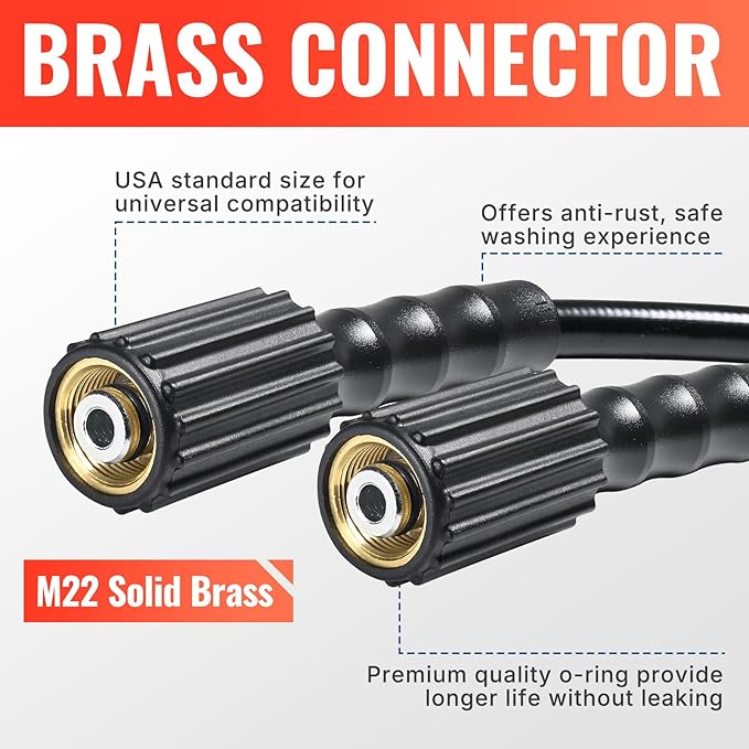 YAMATIC Pressure Washer Hose 25FT 1/4" Kink Resistant M22-14mm Brass Fitting 3200 PSI Power Washer Hose Replacement for Ryobi, Troy Bilt, Greenworks, CRAFTSMAN, Black
