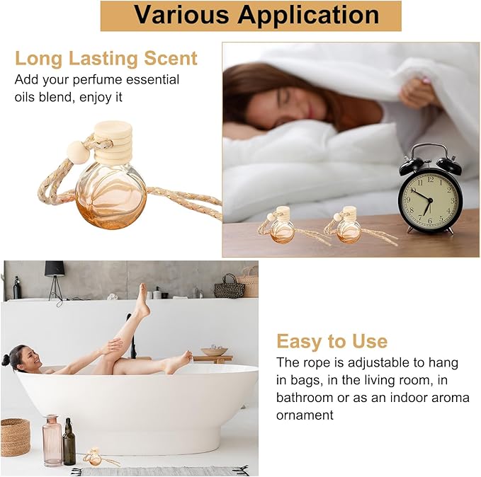 uxcell 8pcs Hanging Car Air Freshener Perfume Bottle, 10ml Pendant Empty Clear/Brown Glass Essential Oil Aromatherapy Diffuser with Wooden Cap for Car Decor (Clear/Brown, Round)