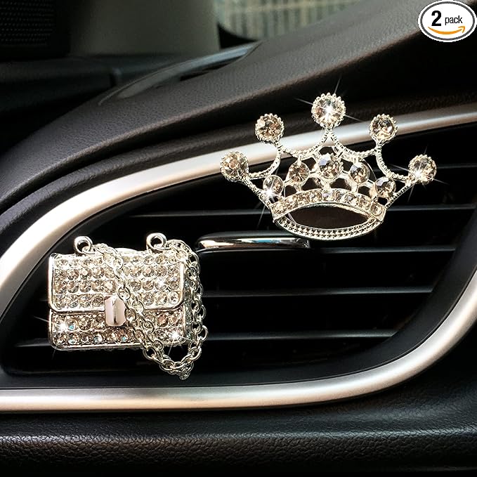 2 Pieces Crystal Crown and Bag Air Vent Clips Rhinestone Car Air Freshener Clip Bling Car Clip Gift Decorations Charm Car Inter Air Vent Decor Accessories for Girls Women
