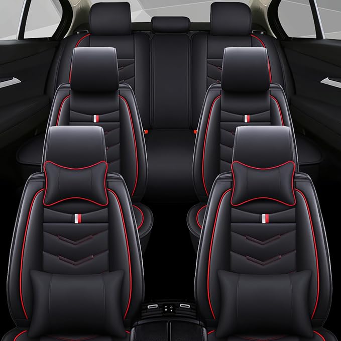 Car Seat Cover 6 Seats for Ford Explorer 2000-2026, Waterproof Durable Compatible Airbag, Premium Leather Seat Protector(6 Seats Luxury,Black Red)