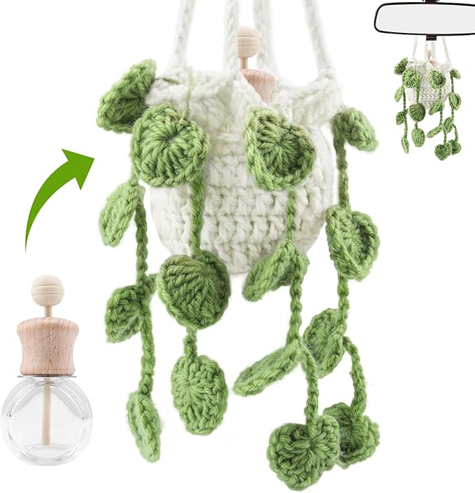 Crochet Car Air Freshener, Cute Crochet Plant for Rear View Mirror, Handmade Car Mirror Hanging Accessories, Plant Botanical Fern Leaf Design with 10ml Refillable Glass Essential Oil Bottle for Home