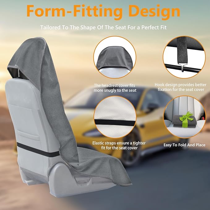 Towel Car Seat Covers - Super Absorbent Front Seat Protectors for Gym, Pets & Travel | Quick-Dry Towel Fabric | Universal Non-Slip Fit for Sedan, SUV, Truck (1 Pack Grey)