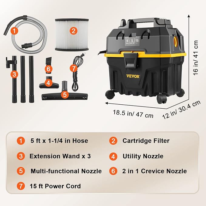 VEVOR 4 Gallon 5.0 Peak HP Wet and Dry Shop Vac， Portable Shop Vacuum and Blower 3-in-1 with Filter, Hose and Attachments for Home and Car Cleaning Black